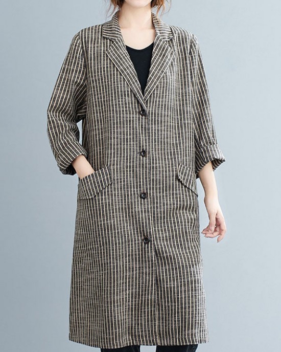 Plus Size Khaki PeterPan Collar Button Pockets Striped Fall Long sleeve Trench coats Plus Size Khaki PeterPan Collar Button Pockets Striped Fall Long sleeve Trench coats
