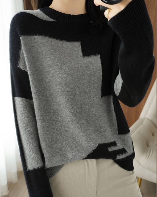 Women Grey Asymmetrical Patchwork Wool Knit Top Fall Women Grey Asymmetrical Patchwork Wool Knit Top Fall