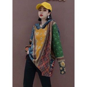 French Hooded Print Knit Sweater Tops Winter