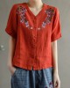 Loose Pink V Neck Embroideried Floral Summer Linen Shirt Loose Pink V Neck Embroideried Floral Summer Linen Shirt
