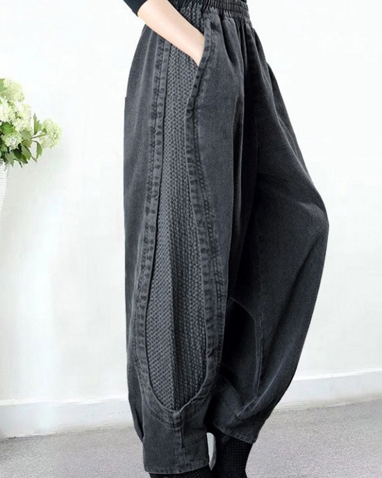 Plus Size Grey Pockets Patchwork Harem Fall Denim Pants