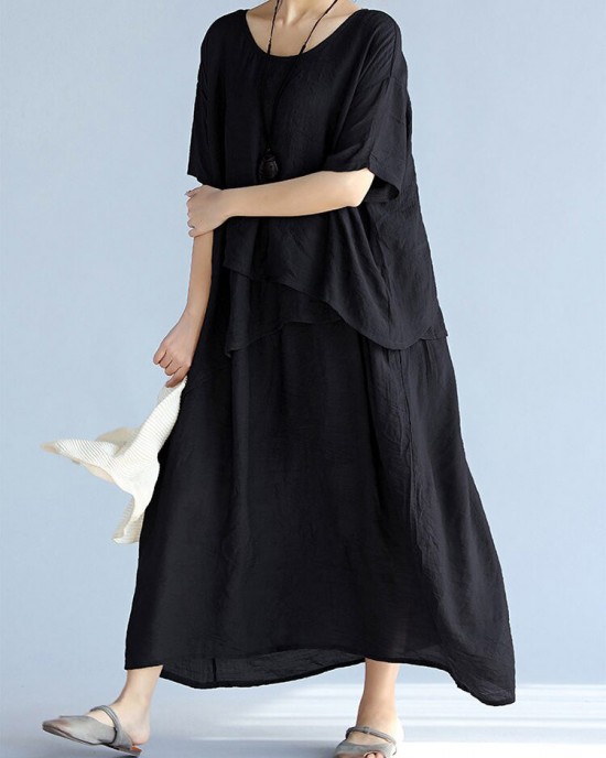 baggy gray long linen dresses oversized layered cotton maxi dress vintage short sleeve cotton clothing baggy gray long linen dresses oversized layered cotton maxi dress vintage short sleeve cotton clothing