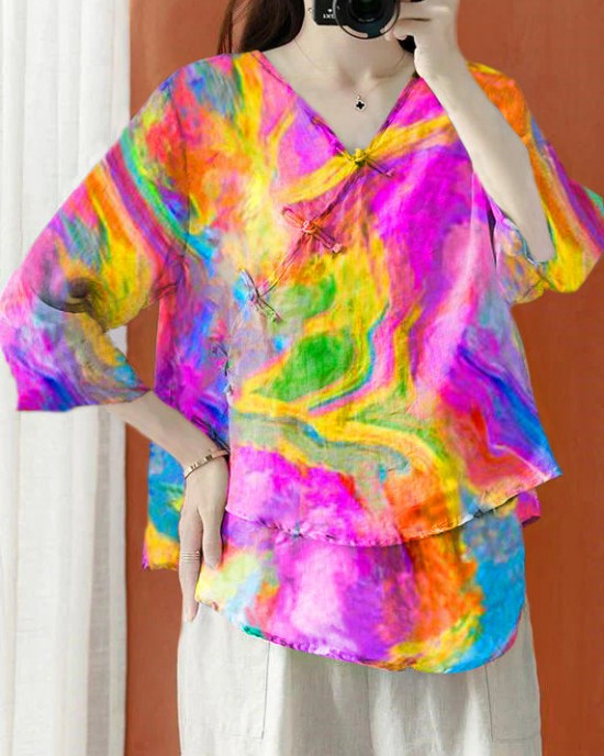 Beautiful Purple Asymmetrical Print cotton blend Blouses Half Sleeve