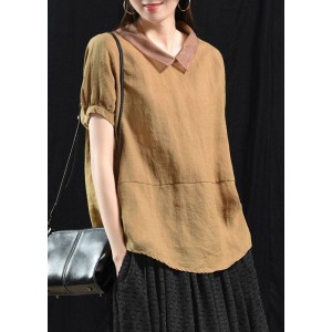 Bohemian Khaki Patchwork Turn-down Collar Summer Short Sleeve Top