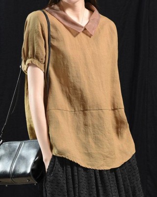 Bohemian Khaki Patchwork Turn-down Collar Summer Short Sleeve Top