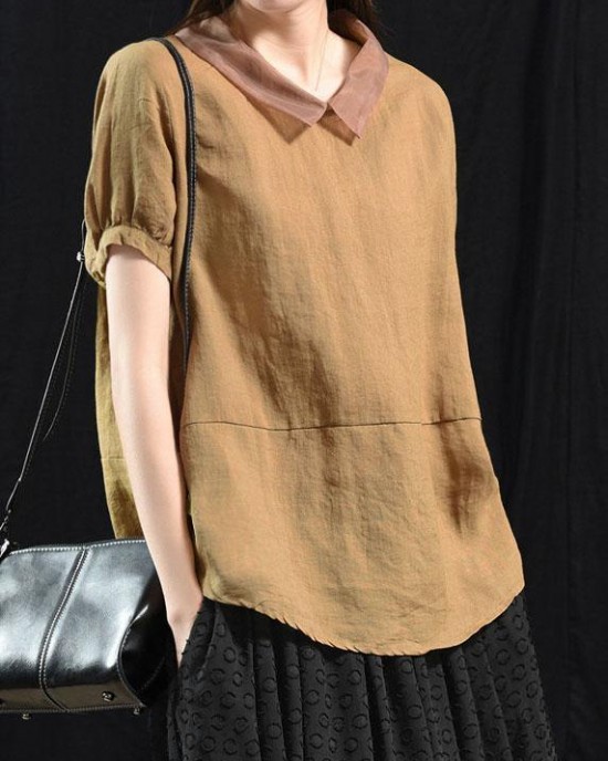 Bohemian Khaki Patchwork Turn-down Collar Summer Short Sleeve Top Bohemian Khaki Patchwork Turn-down Collar Summer Short Sleeve Top