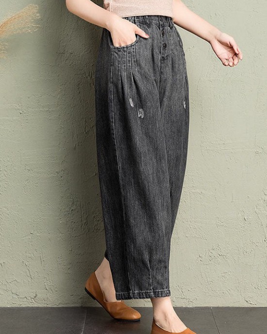 Classy Blue Pockets Loose Harem Fall Denim Pants Classy Blue Pockets Loose Harem Fall Denim Pants