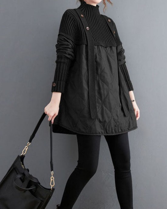Women Black Knit Patchwork Fine Cotton Filled Sweaters Winter Women Black Knit Patchwork Fine Cotton Filled Sweaters Winter