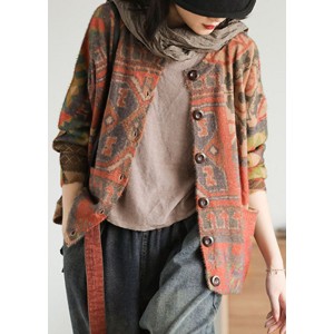 diy Khaki Loose Knit Print Button Pockets Fall Sweater Cardigans