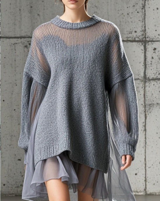Boutique Grey Oversized Patchwork Tulle Knit Day Dress Fall Boutique Grey Oversized Patchwork Tulle Knit Day Dress Fall