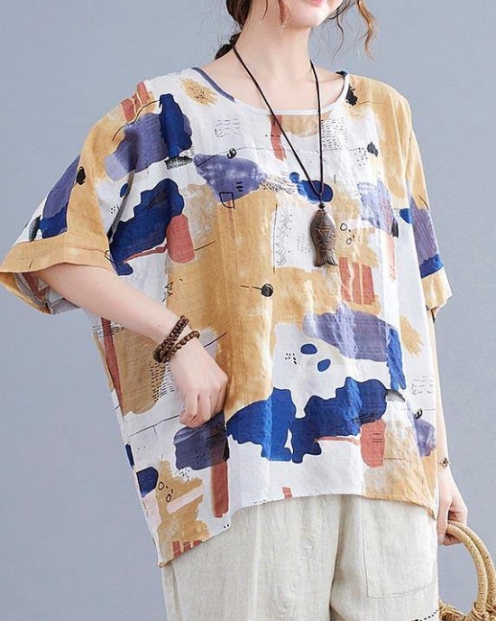 Simple Yellow Print Cotton Linen Shirt Top Summer Simple Yellow Print Cotton Linen Shirt Top Summer