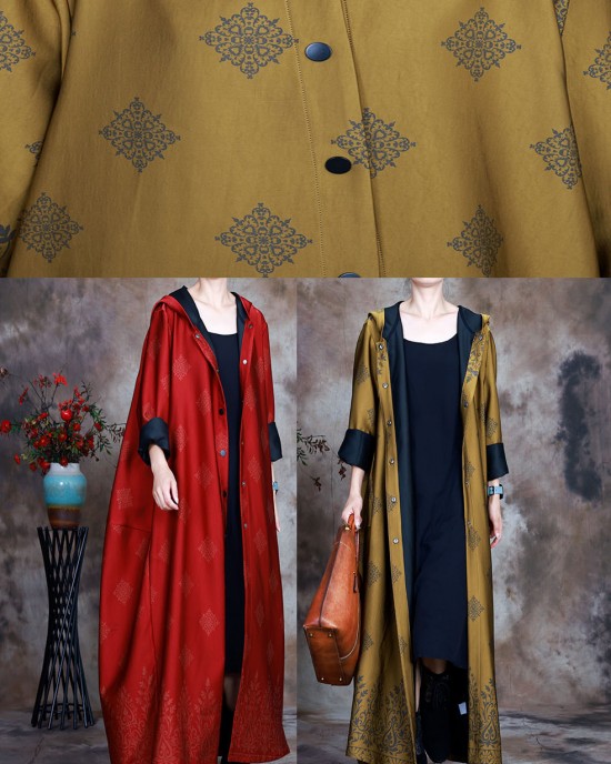 Beautiful Yellow Hooded Print Satin trench coats Spring Beautiful Yellow Hooded Print Satin trench coats Spring