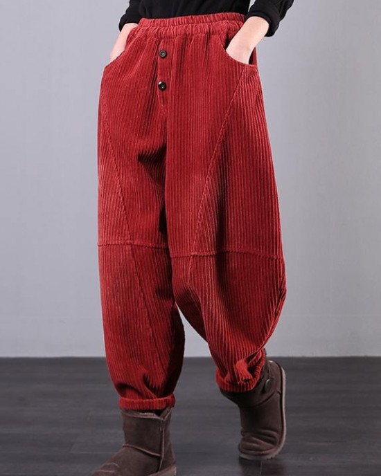 Modern Red Women Pants Oversize Fall Corduroy Pockets Cotton Casual Pants Modern Red Women Pants Oversize Fall Corduroy Pockets Cotton Casual Pants