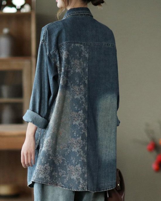 Classy Big Flower Print Patchwork Blouse Tops Denim Jacket Classy Big Flower Print Patchwork Blouse Tops Denim Jacket