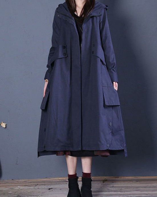 Chic Coffee Loose zippered Button Fall Hoodie Coat trench coats
