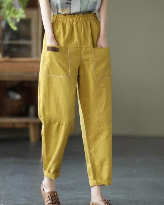 Loose Yellow Loose Casual Summer Pockets Pants Loose Yellow Loose Casual Summer Pockets Pants
