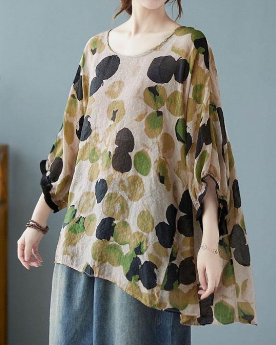 Loose Blue Dotted Batwing Sleeve Cotton Linen Tee Loose Blue Dotted Batwing Sleeve Cotton Linen Tee