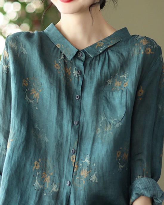 Retro Peacock Green Peter Pan Collar Print Button Wrinkled Shirts Long Sleeve Retro Peacock Green Peter Pan Collar Print Button Wrinkled Shirts Long Sleeve
