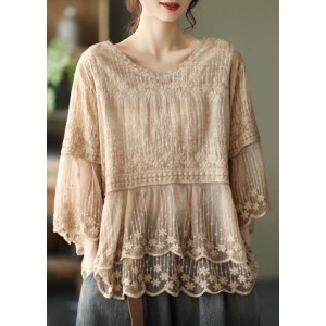 Loose Khaki O-Neck Embroideried Patchwork Summer Shirts Half Sleeve