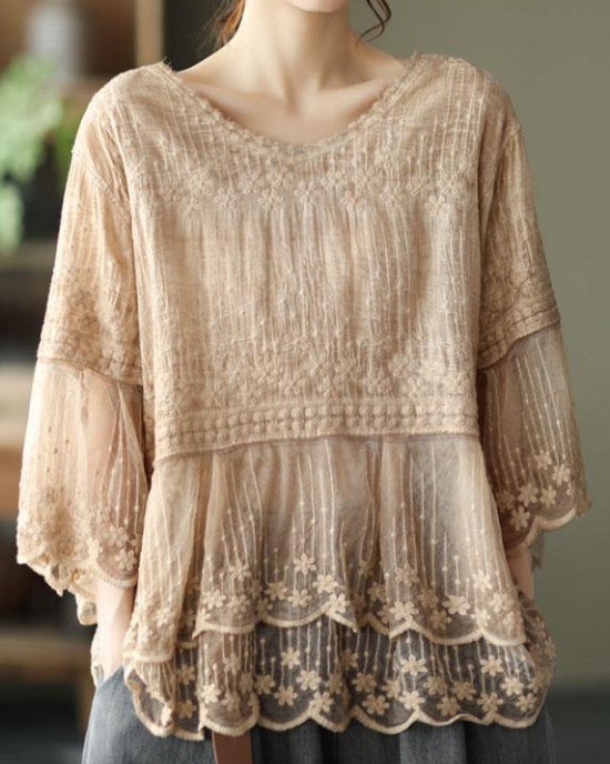 Loose Khaki O-Neck Embroideried Patchwork Summer Shirts Half Sleeve Loose Khaki O-Neck Embroideried Patchwork Summer Shirts Half Sleeve