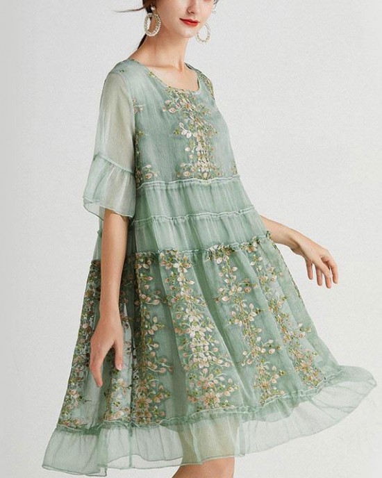 Art Green Embroideried O-Neck Loose Summer Flare Sleeve Dress Art Green Embroideried O-Neck Loose Summer Flare Sleeve Dress