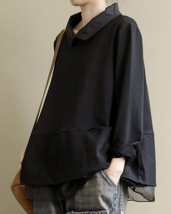 Plus Size Black Tops Lapel Patchwork Clothes Pattern Plus Size Black Tops Lapel Patchwork Clothes Pattern