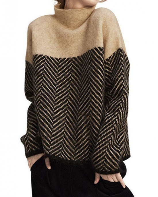 Fashion Khaki Turtle Neck Patchwork Knit Pullover Winter Fashion Khaki Turtle Neck Patchwork Knit Pullover Winter