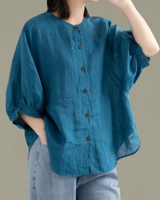 Art Red O-Neck Button Linen Loose Shirt Top Lantern Sleeve