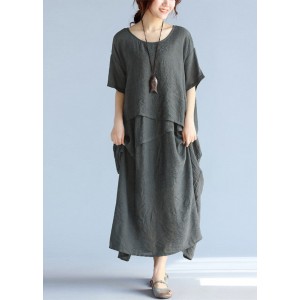 baggy gray long linen dresses oversized layered cotton maxi dress vintage short sleeve cotton clothing