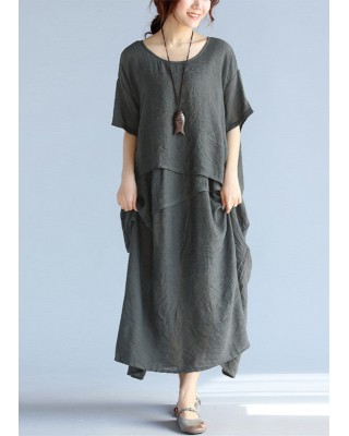 baggy gray long linen dresses oversized layered cotton maxi dress vintage short sleeve cotton clothing