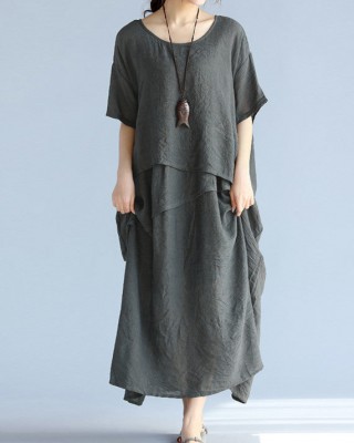 baggy gray long linen dresses oversized layered cotton maxi dress vintage short sleeve cotton clothing
