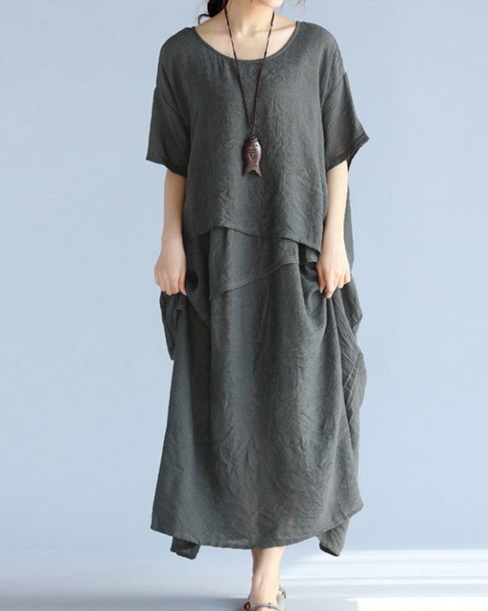 baggy gray long linen dresses oversized layered cotton maxi dress vintage short sleeve cotton clothing baggy gray long linen dresses oversized layered cotton maxi dress vintage short sleeve cotton clothing