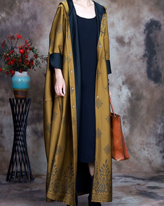 Beautiful Yellow Hooded Print Satin trench coats Spring Beautiful Yellow Hooded Print Satin trench coats Spring