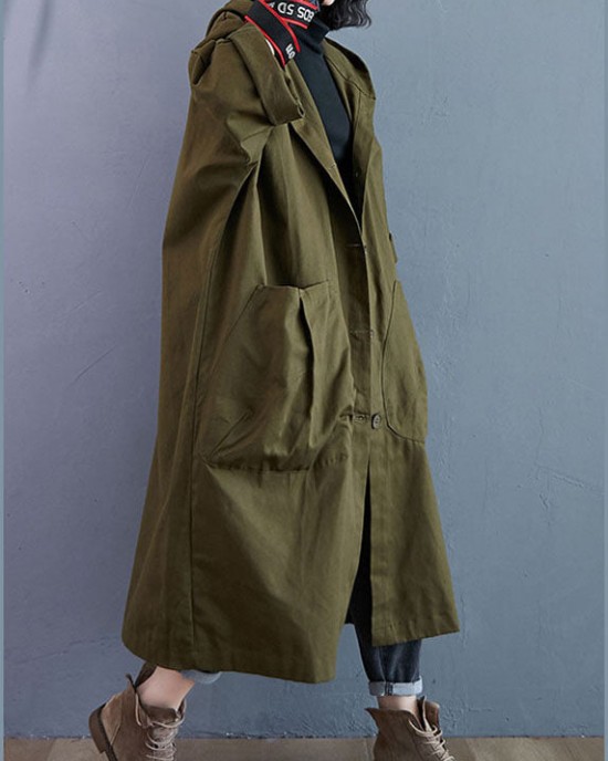 Elegant Army Green Pockets Button Fall Hooded Long sleeve Trench Coats Elegant Army Green Pockets Button Fall Hooded Long sleeve Trench Coats