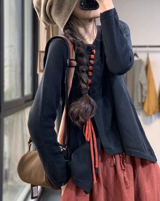 Casual Chocolate O-Neck Button Asymmetrical Design Fall Sweater Casual Chocolate O-Neck Button Asymmetrical Design Fall Sweater