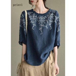 Handmade Navy lantern Sleeve O-Neck Embroideried Summer Ramie Blouses