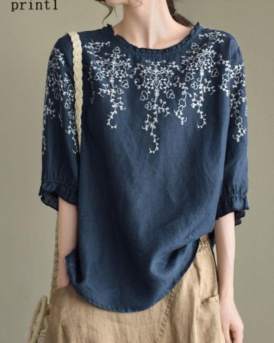 Handmade Navy lantern Sleeve O-Neck Embroideried Summer Ramie Blouses Handmade Navy lantern Sleeve O-Neck Embroideried Summer Ramie Blouses