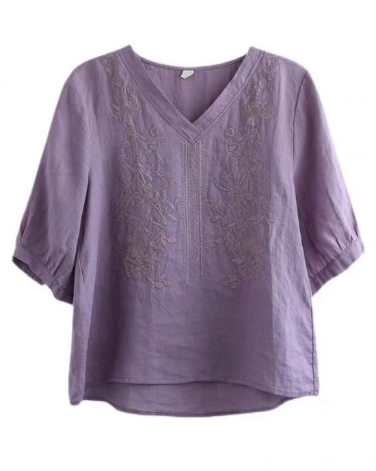 Purple V Neck Floral Embroideried T Shirt Half Sleeve Purple V Neck Floral Embroideried T Shirt Half Sleeve