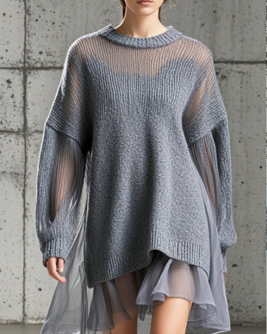 Boutique Grey Oversized Patchwork Tulle Knit Day Dress Fall Boutique Grey Oversized Patchwork Tulle Knit Day Dress Fall