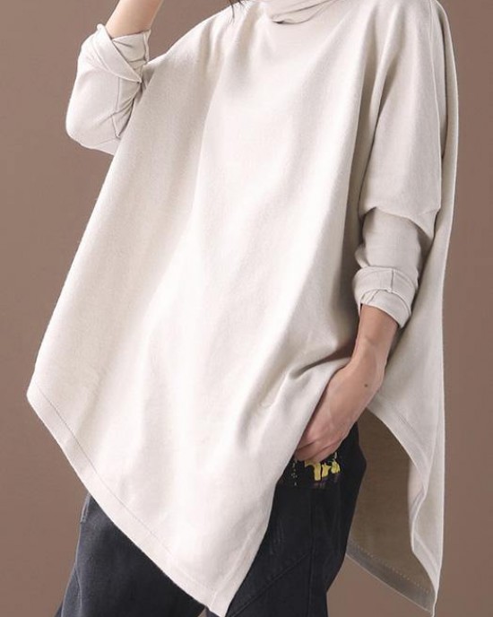 DIY asymmetric hem cotton high neck blouses for women Fabrics beige white tops DIY asymmetric hem cotton high neck blouses for women Fabrics beige white tops