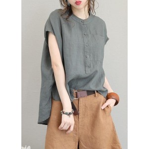Unique o neck linen tops women blouses low high design Plus Size Clothing gray green shirt