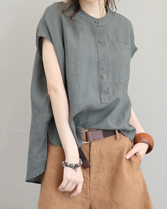 Unique o neck linen tops women blouses low high design Plus Size Clothing gray green shirt Unique o neck linen tops women blouses low high design Plus Size Clothing gray green shirt
