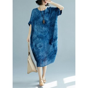 2025 blue long linen dress plus size O neck floral linen clothing dresses casual short sleeve baggy dresses linen caftans