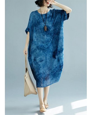 2025 blue long linen dress plus size O neck floral linen clothing dresses casual short sleeve baggy dresses linen caftans