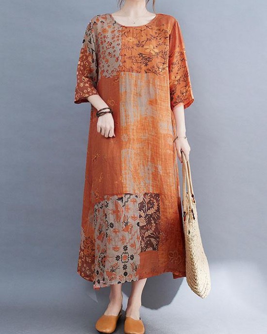 Modern Color Block Loose O-Neck Print Summer Side Open Dress Half Sleeve Modern Color Block Loose O-Neck Print Summer Side Open Dress Half Sleeve