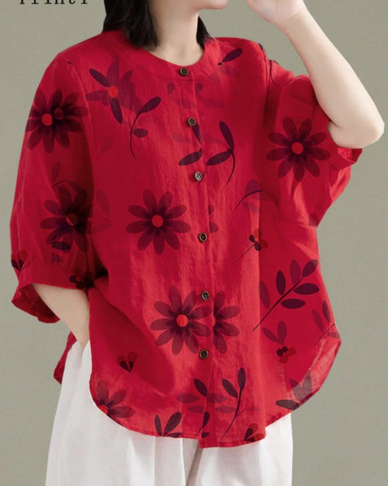 Art Red O-Neck Button Linen Loose Shirt Top Lantern Sleeve