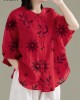 Art Red O-Neck Button Linen Loose Shirt Top Lantern Sleeve