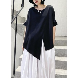 Unique black cotton clothes o neck asymmetric summer shirt