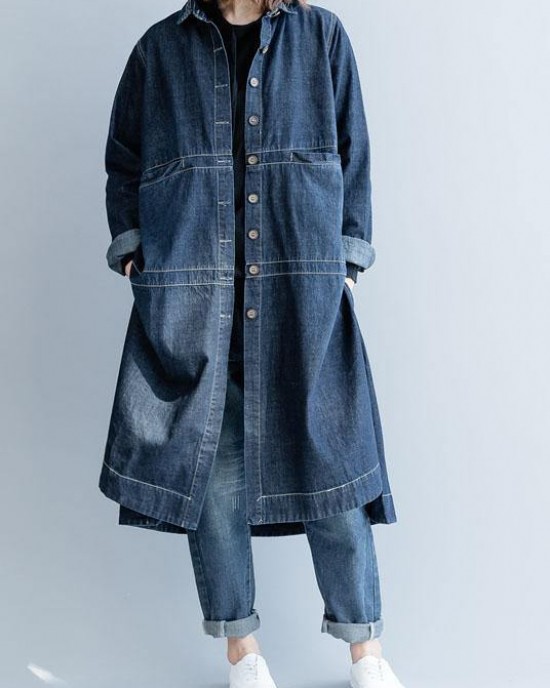 Chic side open Fine coats women denim blue loose jackets fall Chic side open Fine coats women denim blue loose jackets fall