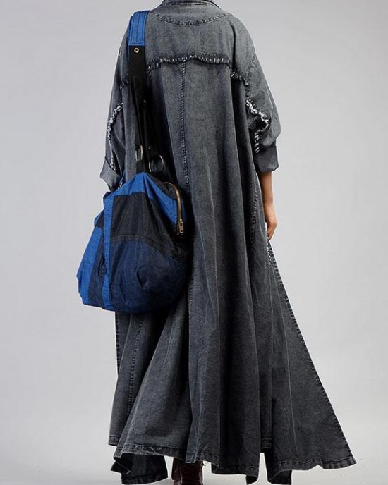 New plus size maxi coat fall denim black Notched Large pockets coat for woman New plus size maxi coat fall denim black Notched Large pockets coat for woman